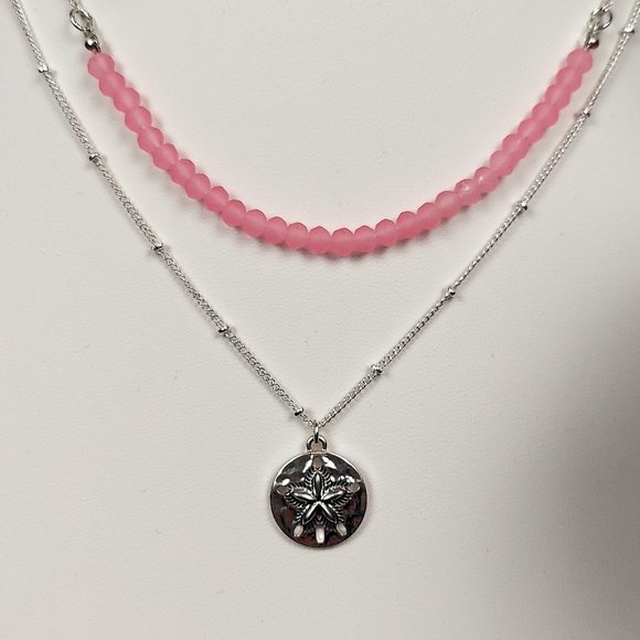 NIB AVON 2 TIER SILVER TONE SAND DOLLAR NECKLACE AND EARRING SET (PINK) - Picture 4 of 14